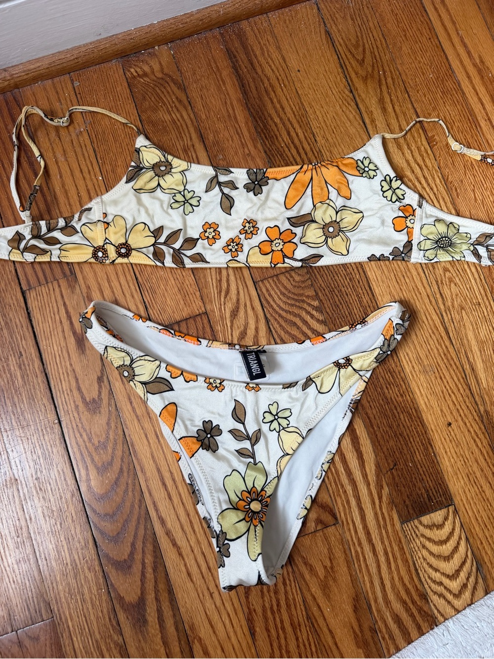 Triangle Floral Two-Piece Bikini Set in White, Yellow & Orange